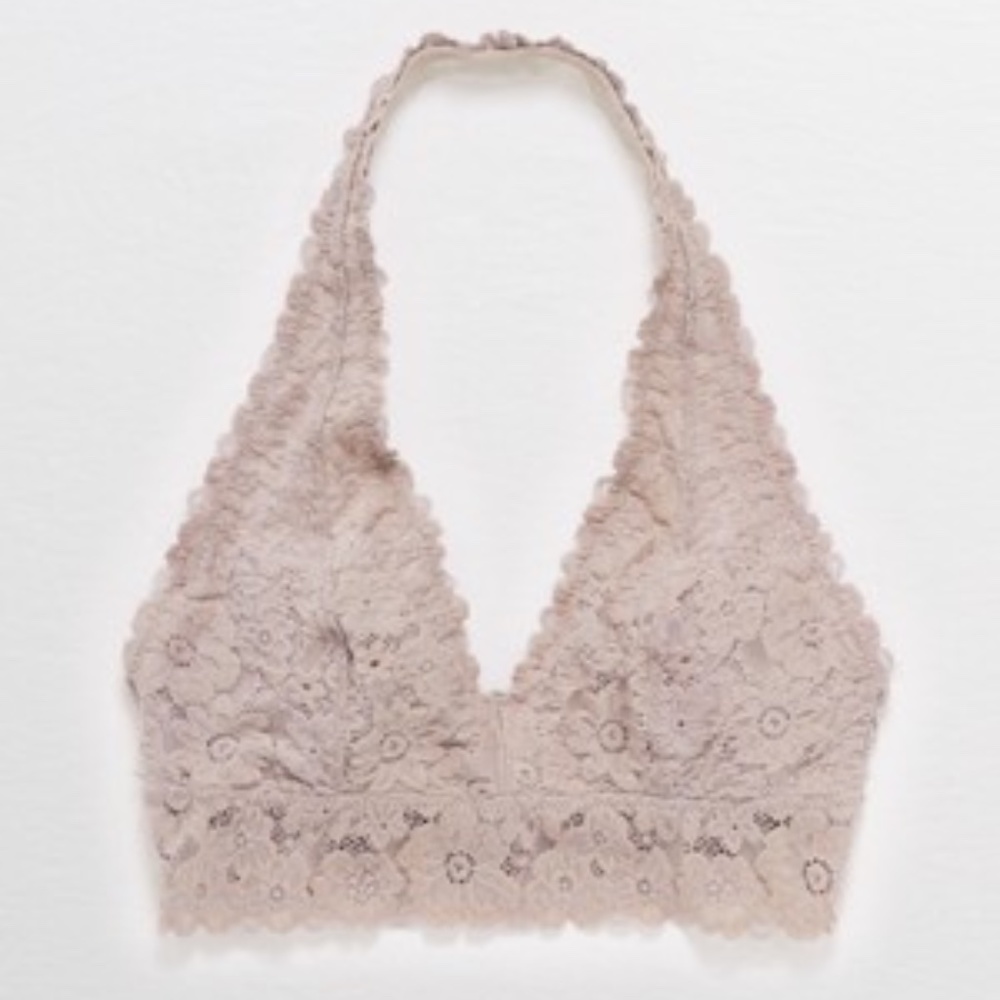 Aerie Softest® Lace Halter Bralette, Pebble, Size XL